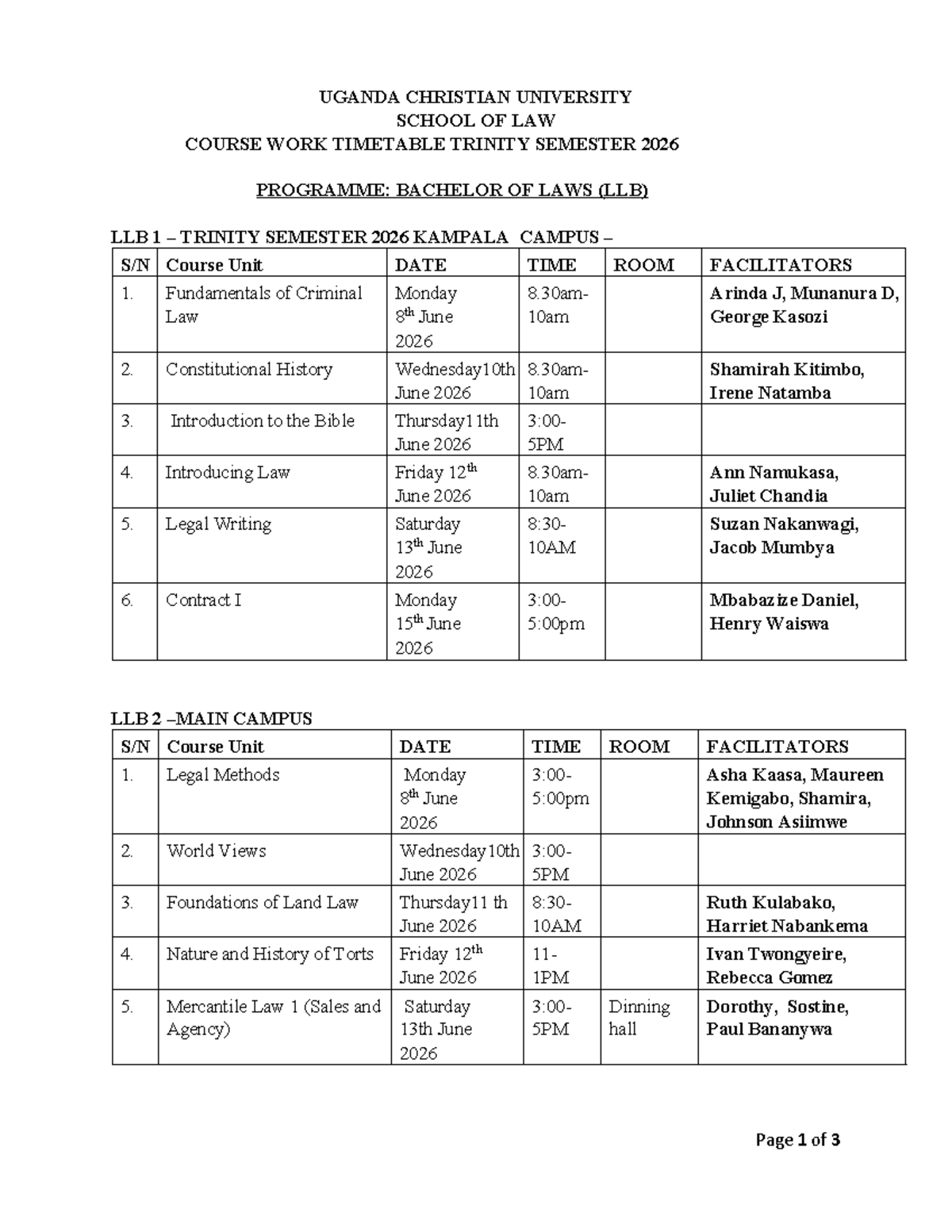 Trinity Semester 2026 Course Work Timetable - UCU School of Law - Studocu
