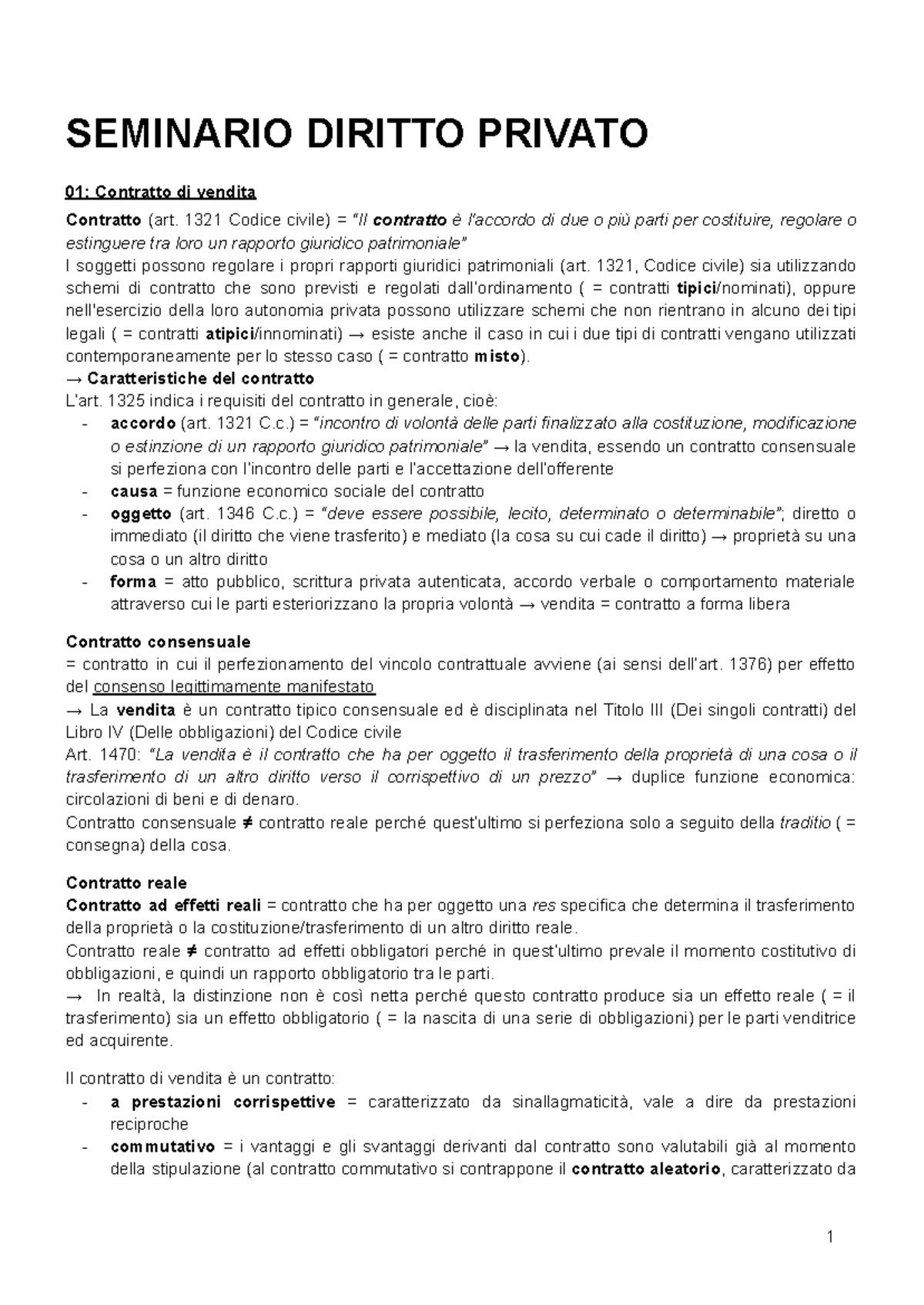 SEMINARIO DIRITTO PRIVATO 01: Contratto di Vendita e Obbligazioni - Document Preview