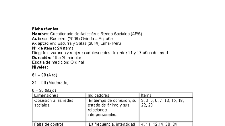 Ficha Técnica: Cuestionario de Adicción a Redes Sociales (ARS) - Document Preview