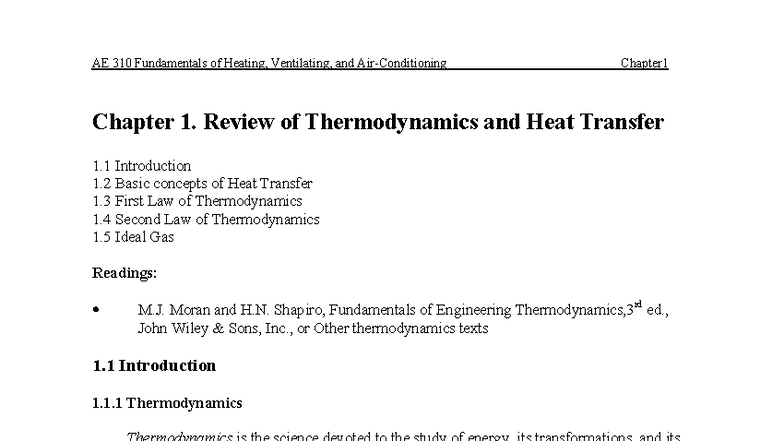 AE 310 Chapter 1: Thermodynamics & Heat Transfer Fundamentals - Studocu