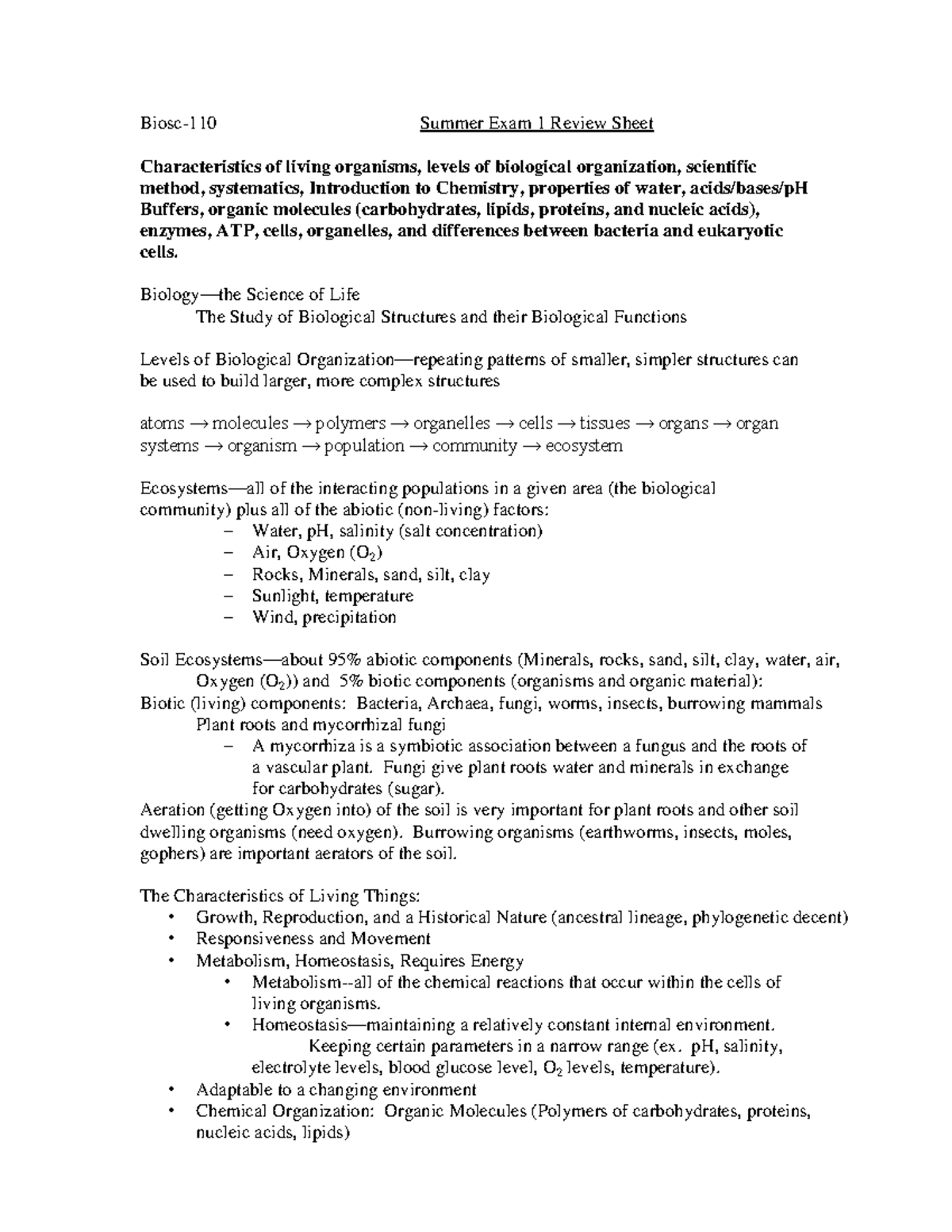 Biosc-110 Summer Exam 1 Review: Key Concepts in Biology - Studocu