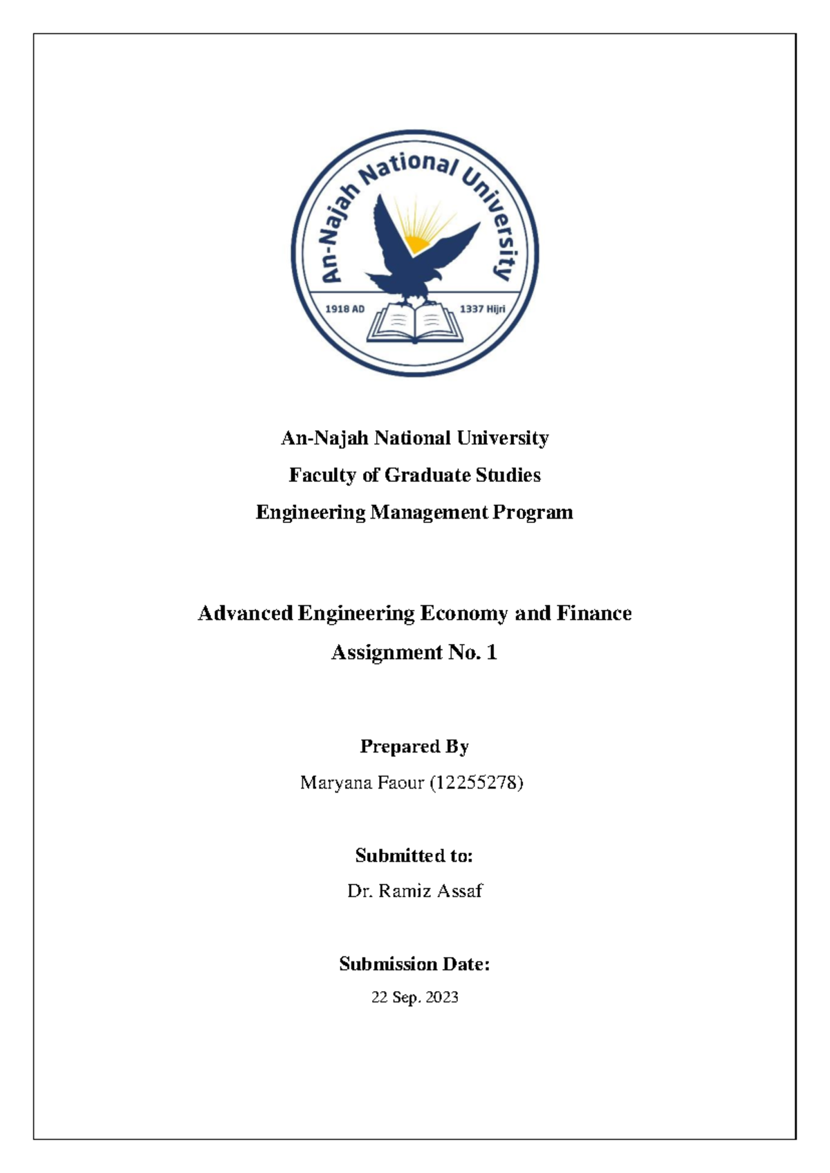 ENGM 501: Advanced Engineering Economy & Finance - Assignment 1 - Studocu