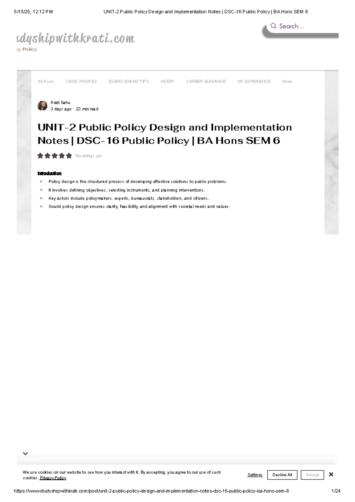 Public Policy Design & Implementation Notes - BA Hons SEM 6 - Studocu
