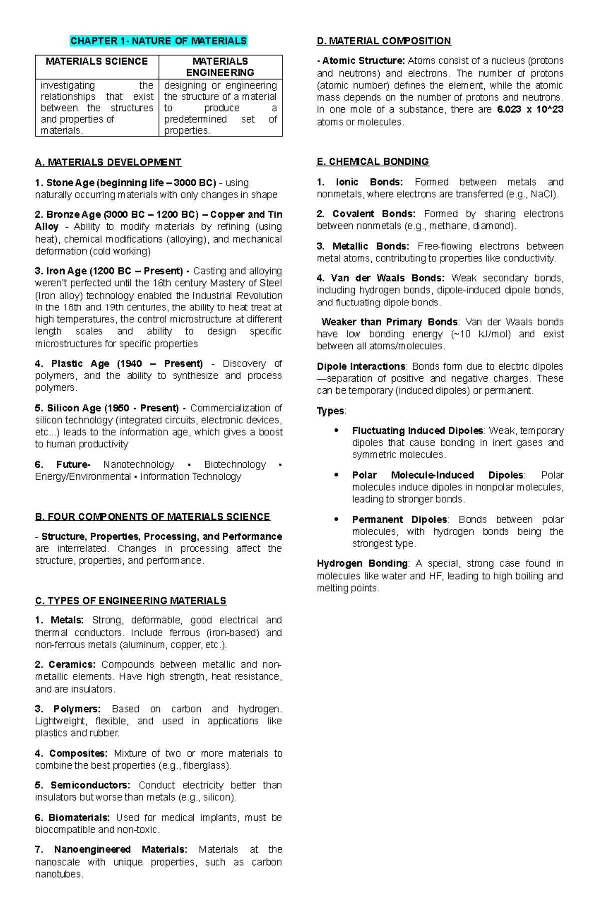 MATERIALS SCIENCE AND ENGINEERING 101: CHAPTERS 1 & 2 NOTES - Studocu