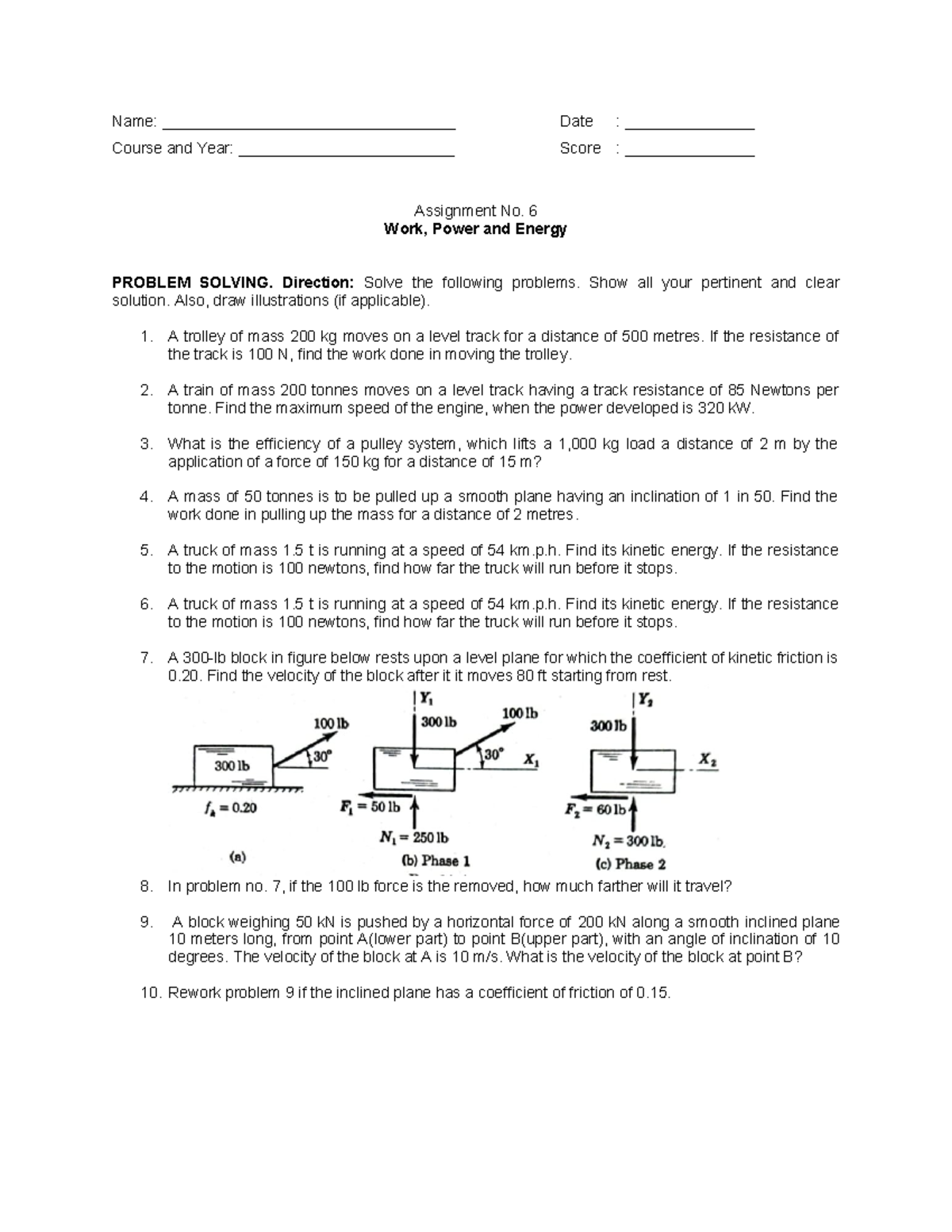 Assignment 6: Work, Power, and Energy Problem Solving Guide - Studocu
