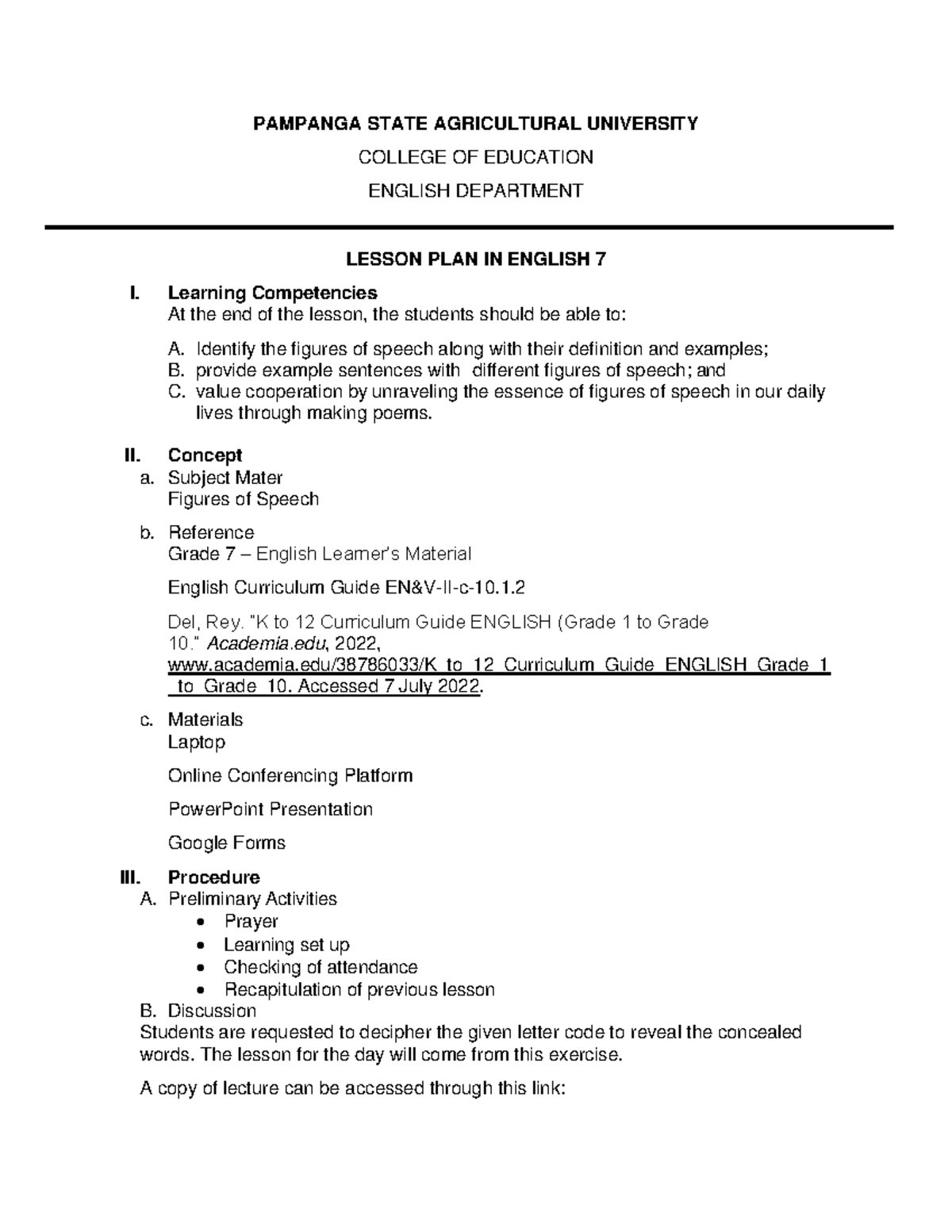 Semi-Detailed Lesson Plan for Figures of Speech in English 7 - Studocu