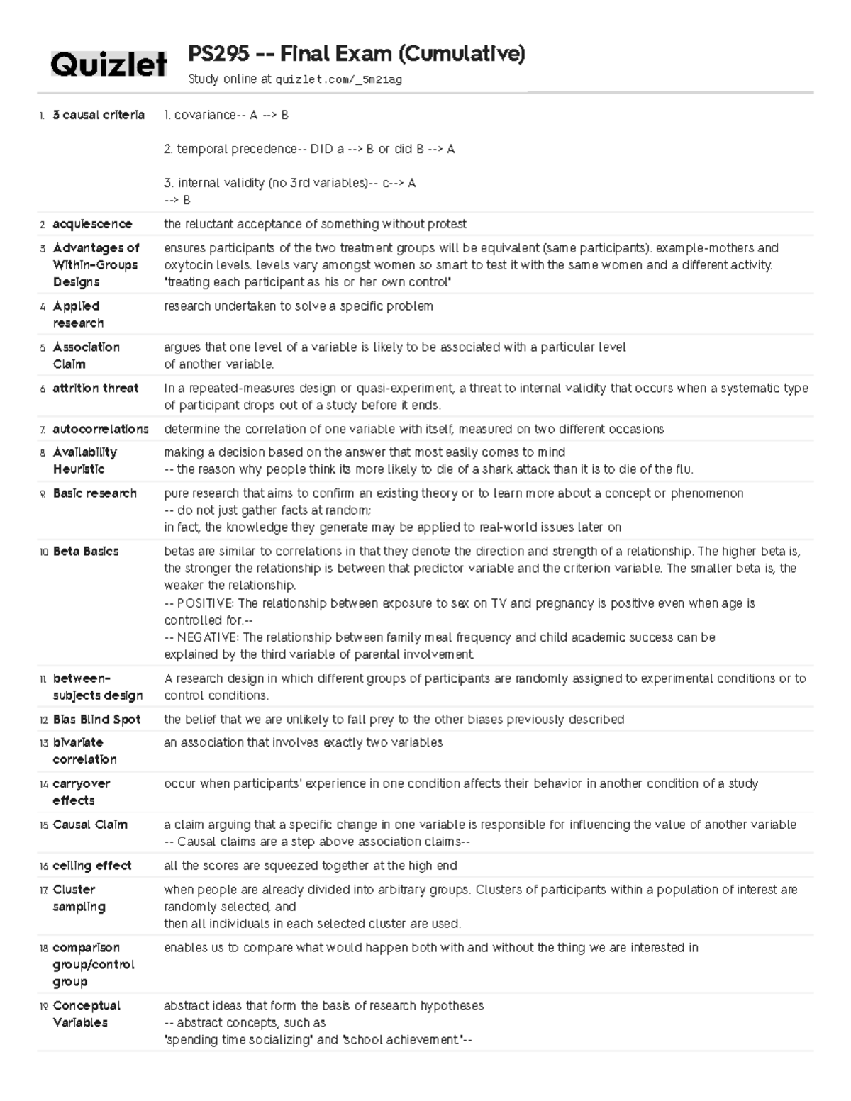 Cumlative - Terms to study - psyc1010 - Yorku - Studocu