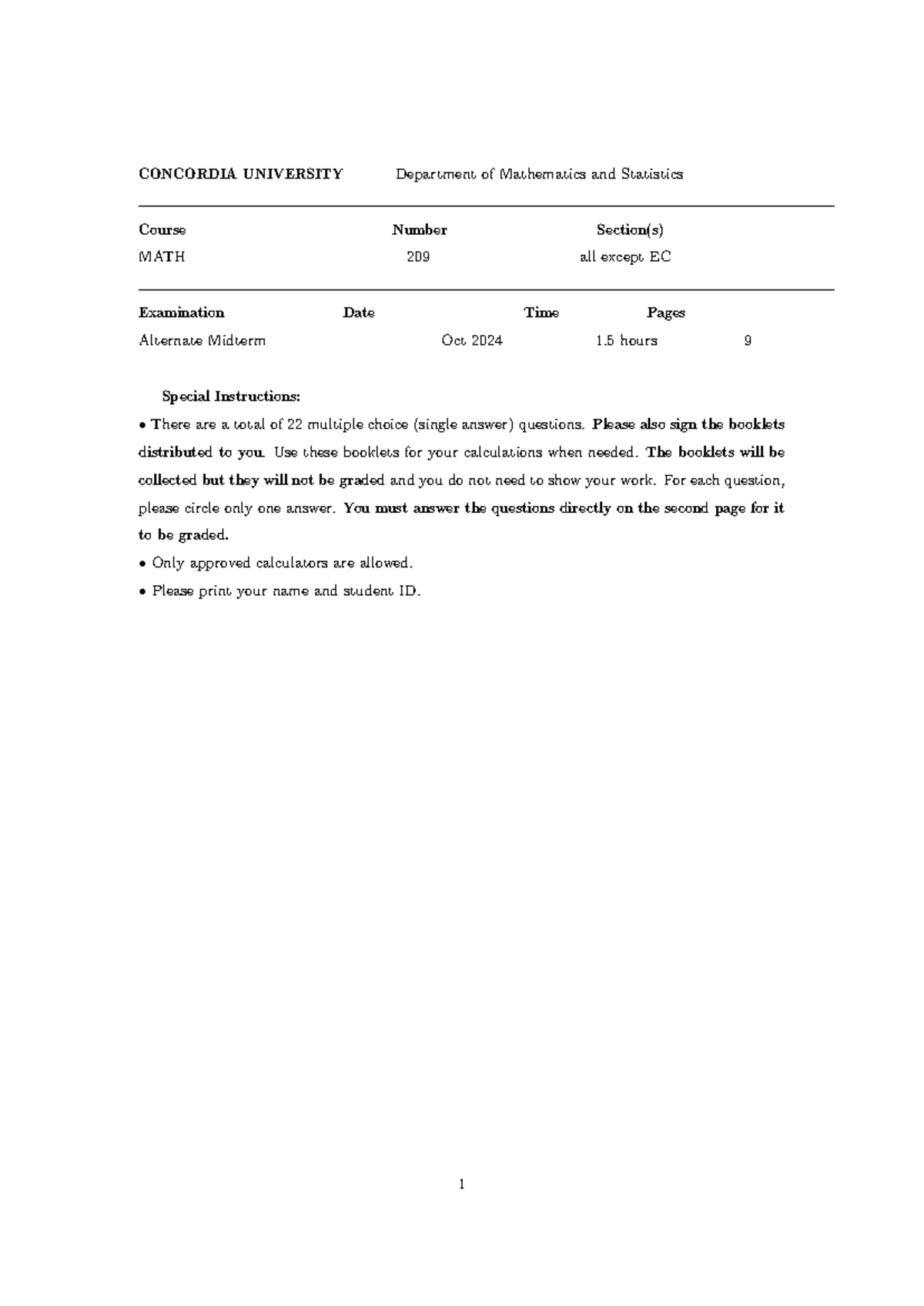 MATH 209 Midterm Exam (Alternate) F2024 with Answers - Studocu