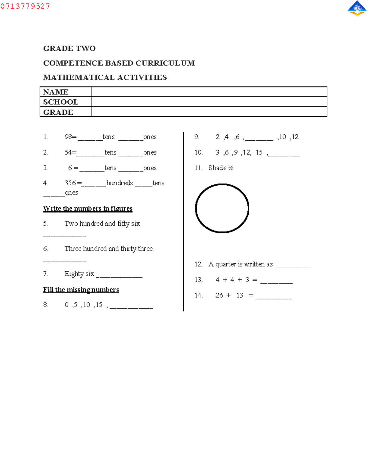 0713779527 GRADE TWO MATH ACTIVITIES AND EXERCISES - Studocu