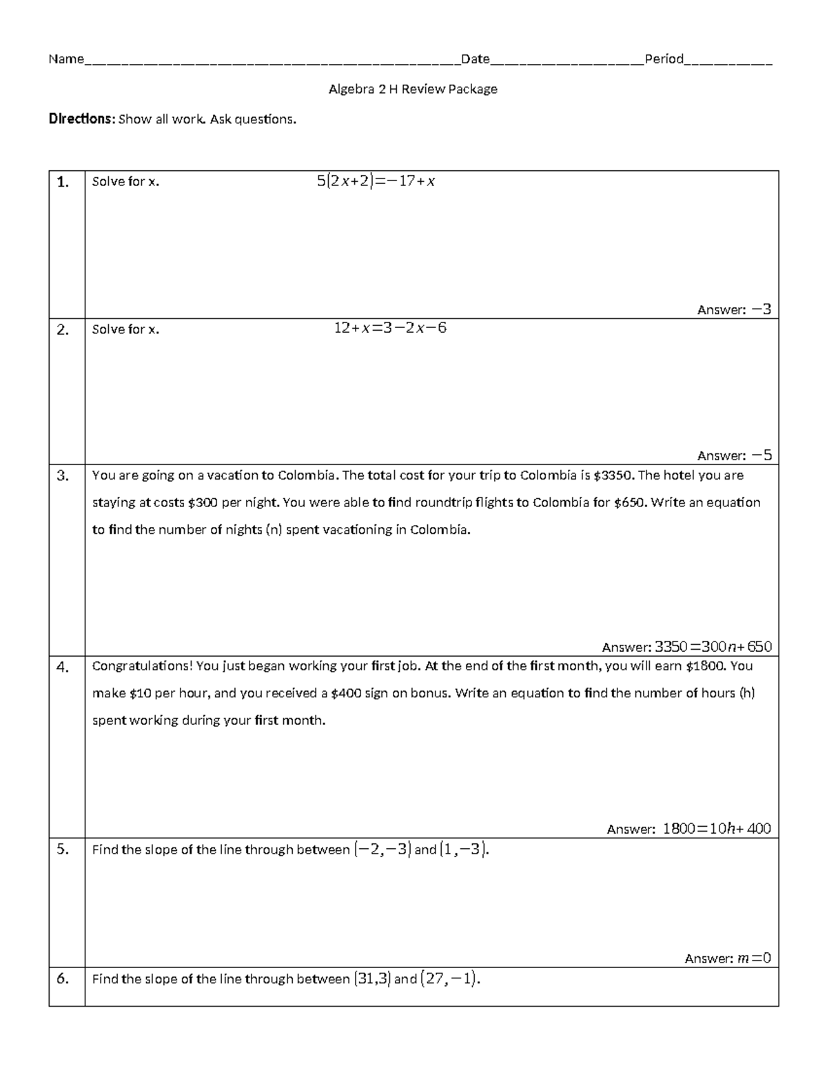 Algebra 2 H Review Package: Key Solutions and Directions - Studocu
