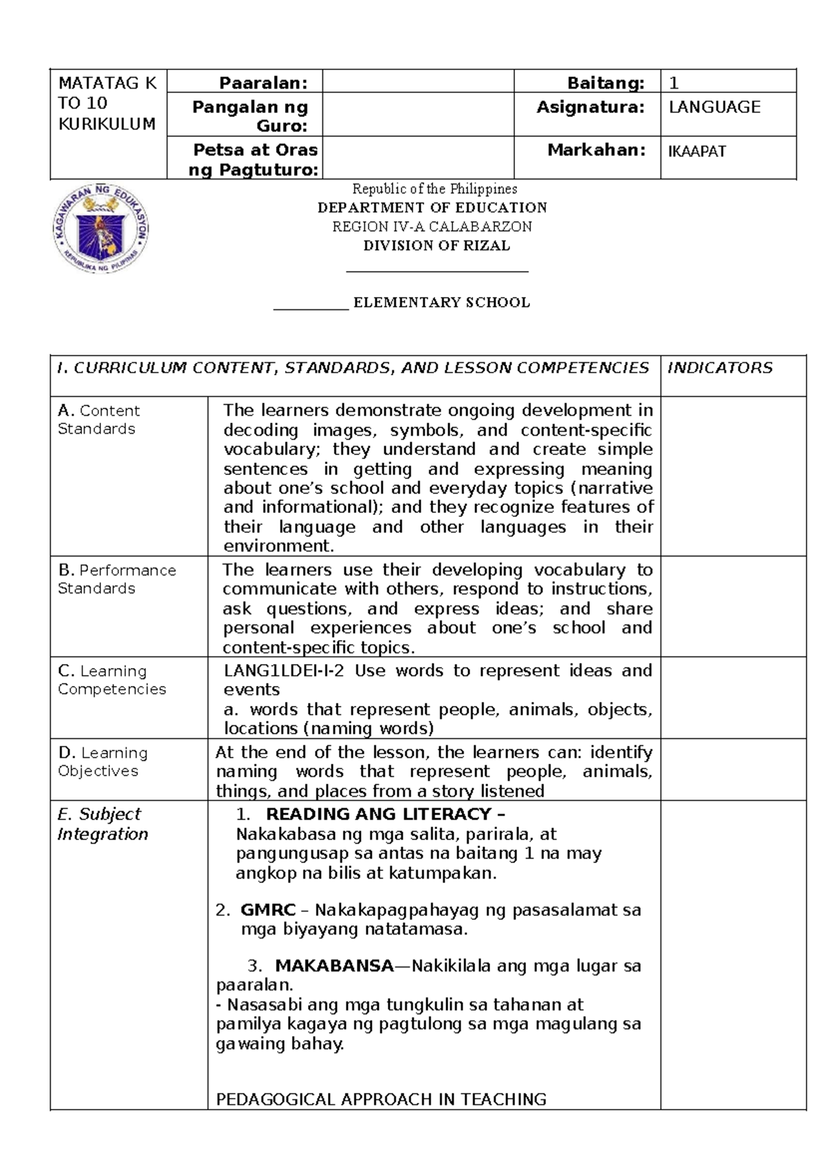MATATAG K to 10 Curriculum: Language Lesson Plan for Grade 1 - Studocu