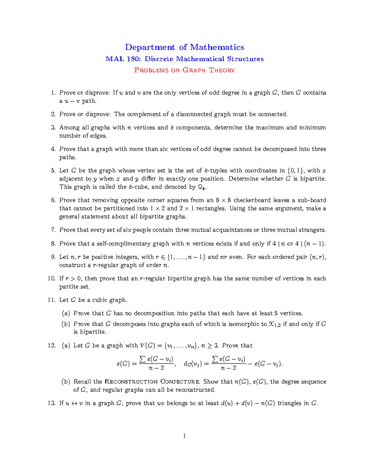 Discrete Math - Problems on Graph Theory - Department of Mathematics ...