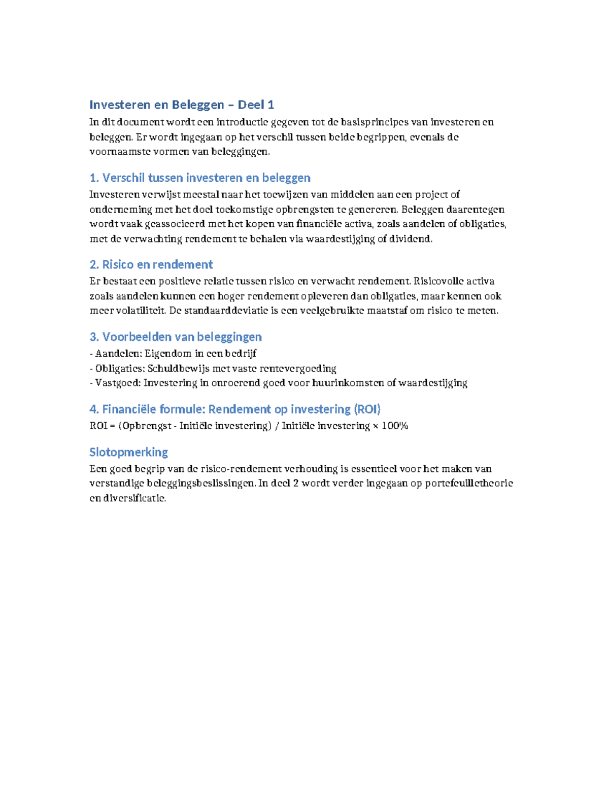 Investeren en Beleggen Deel 1: Basisprincipes en Voorbeelden - Studeersnel