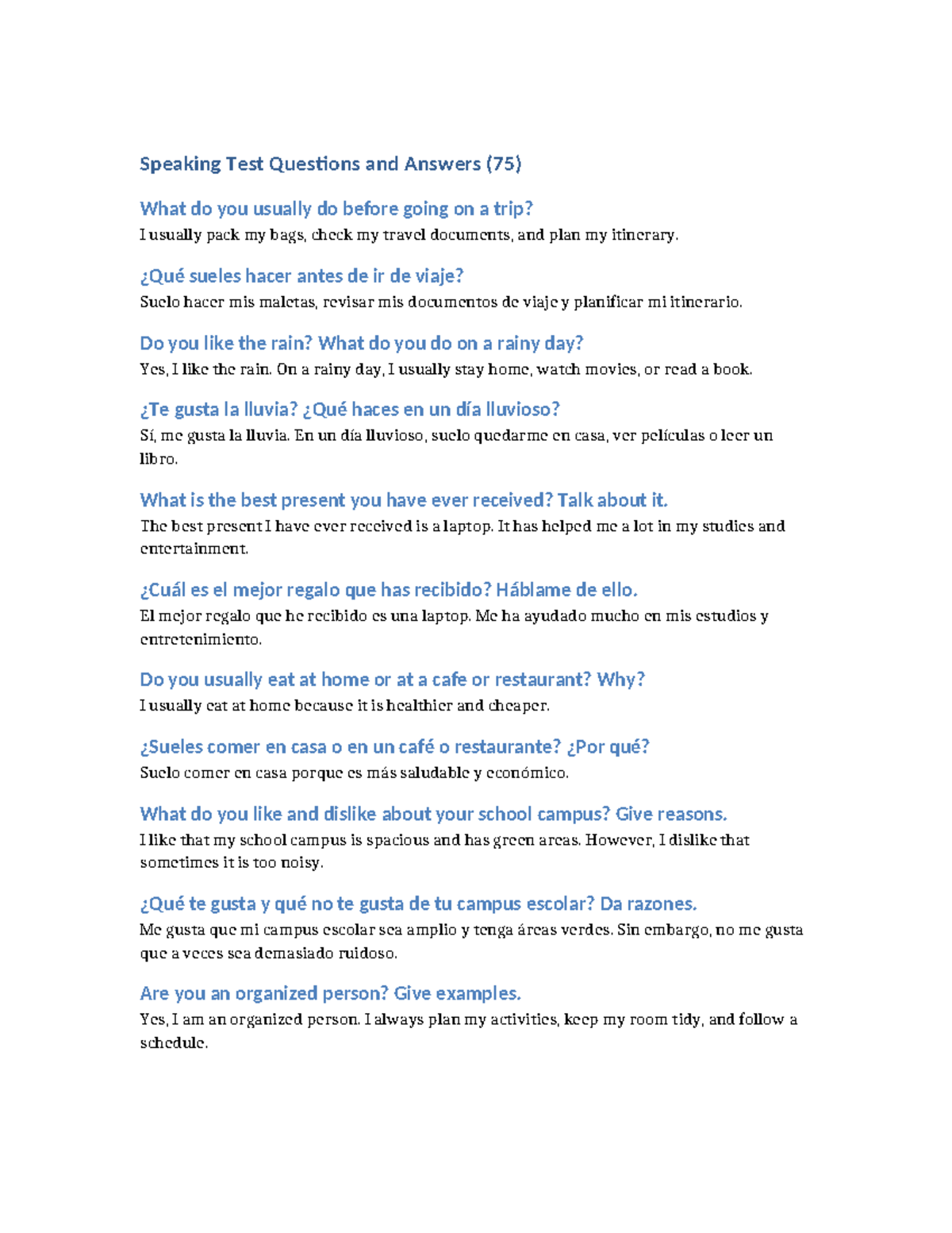 Speaking Test Questions & Answers (75) for Language Practice - Studocu