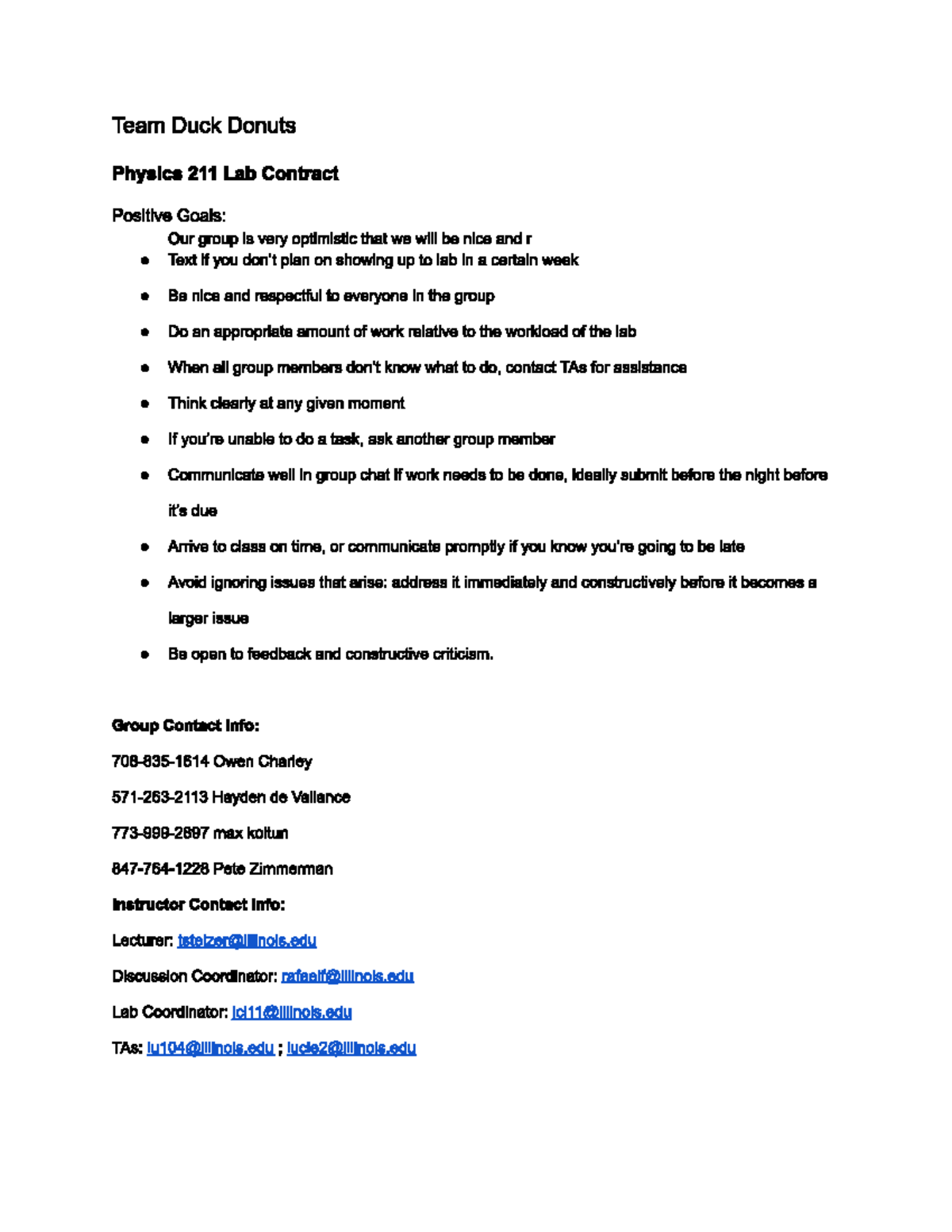 Physics 211 Lab Contract: Positive Goals & Group Collaboration Notes ...