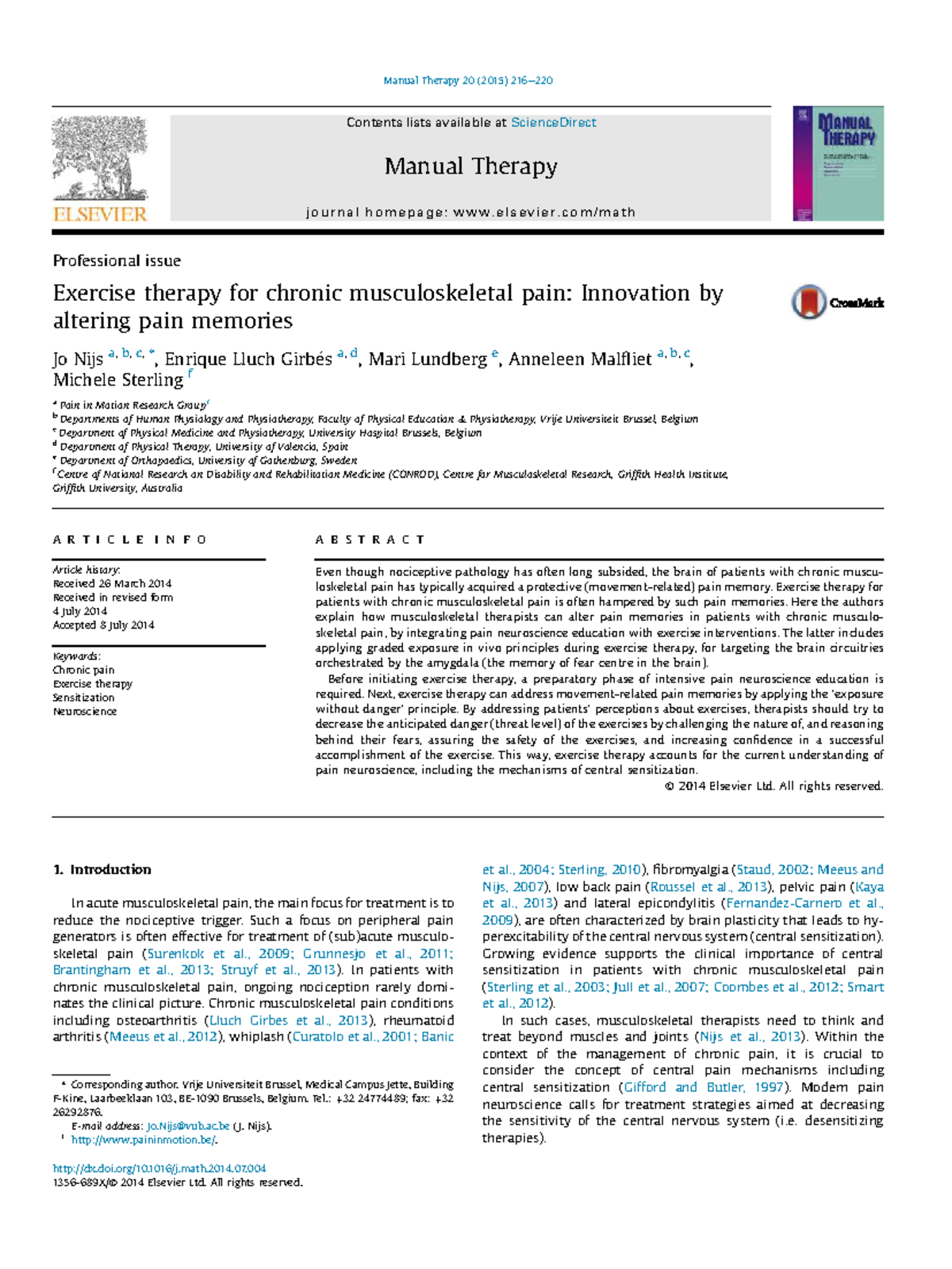 Exercise Therapy for Chronic Musculoskeletal Pain: Altering Pain ...