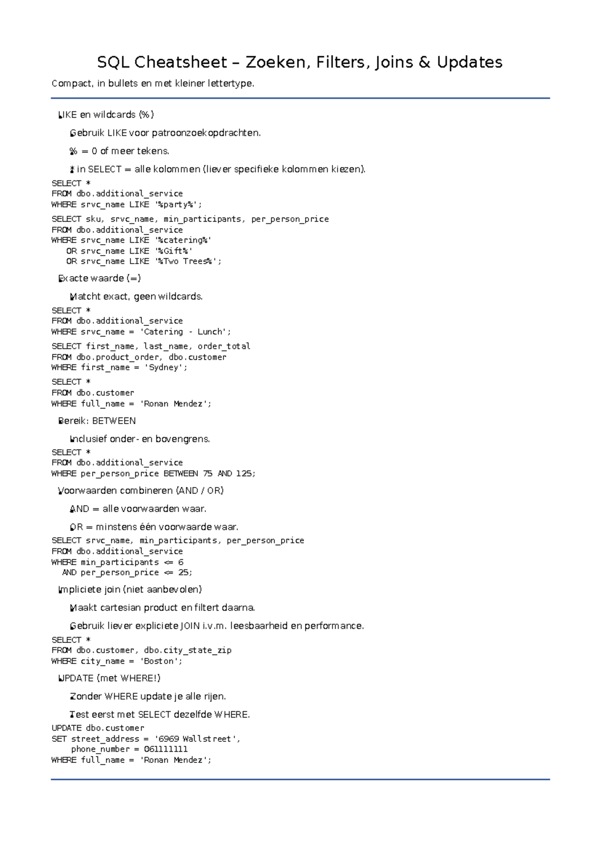 SQL Cheatsheet: Filters, Joins, Updates & LIKE Patterns - Studeersnel