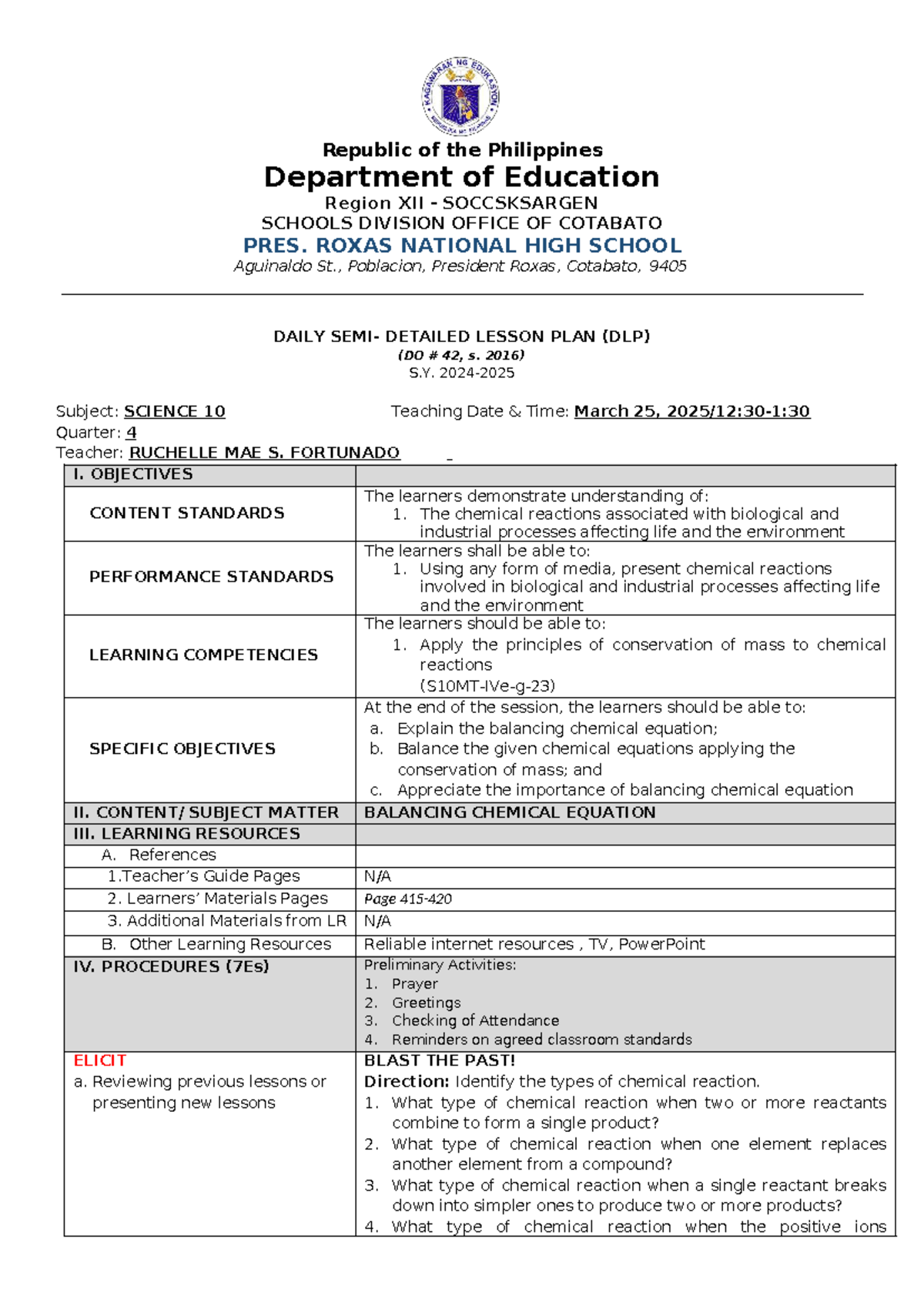 Daily Detailed Lesson Plan (DLP) for Science 10: Balancing Chemical ...
