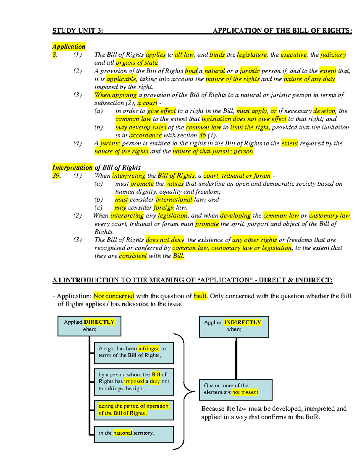 FUR2601 3 Application of the Bill fo Rights 1 - Applied INDIRECTLY when ...