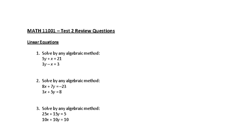 MATH 11001 Test 2 Review: Linear Equations & Statistics - Studocu