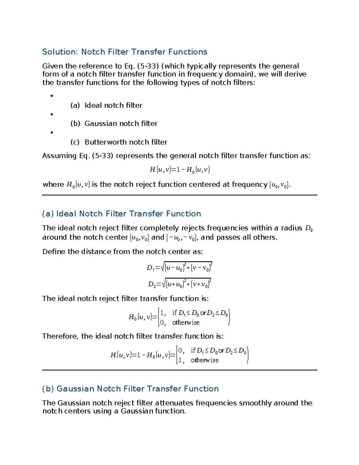 Notch Filter Transfer Functions: Ideal, Gaussian, and Butterworth - Studocu