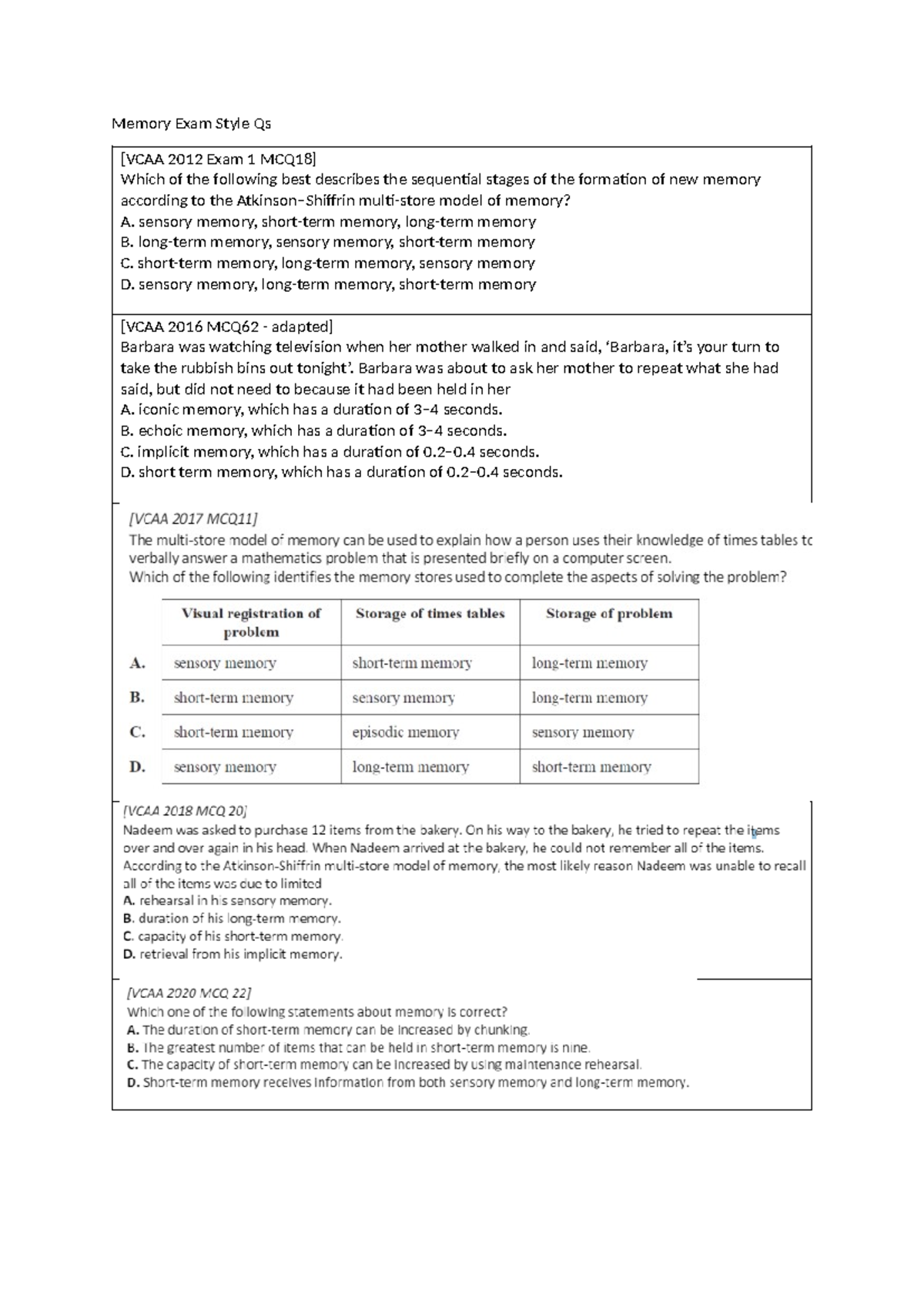 Memory Exam Questions - Memory Exam Style Qs [VCAA 2012 Exam 1 MCQ18 ...