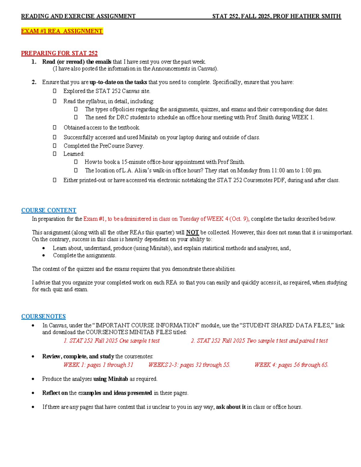 EXAM #1 REA ASSIGNMENT FOR STAT 252, FALL 2025 - Studocu