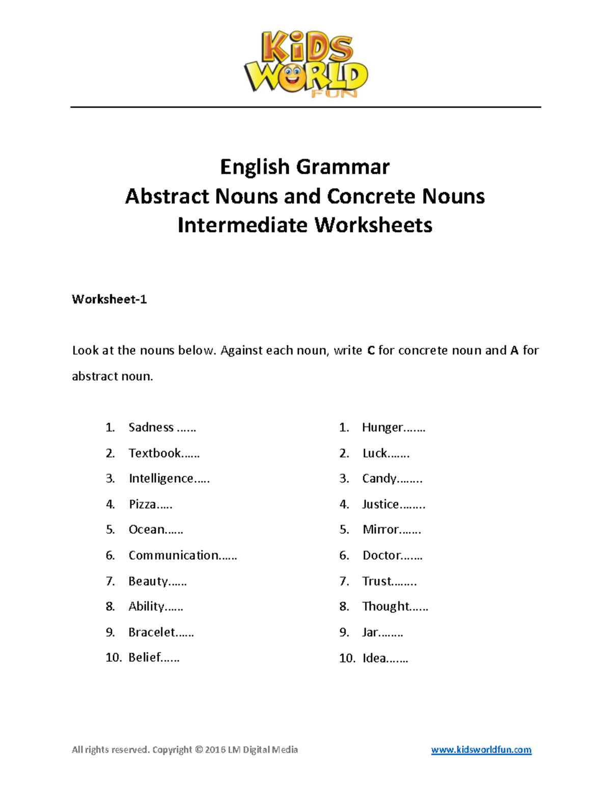 Abstract and concrete nouns intermediate worksheets - All rights ...