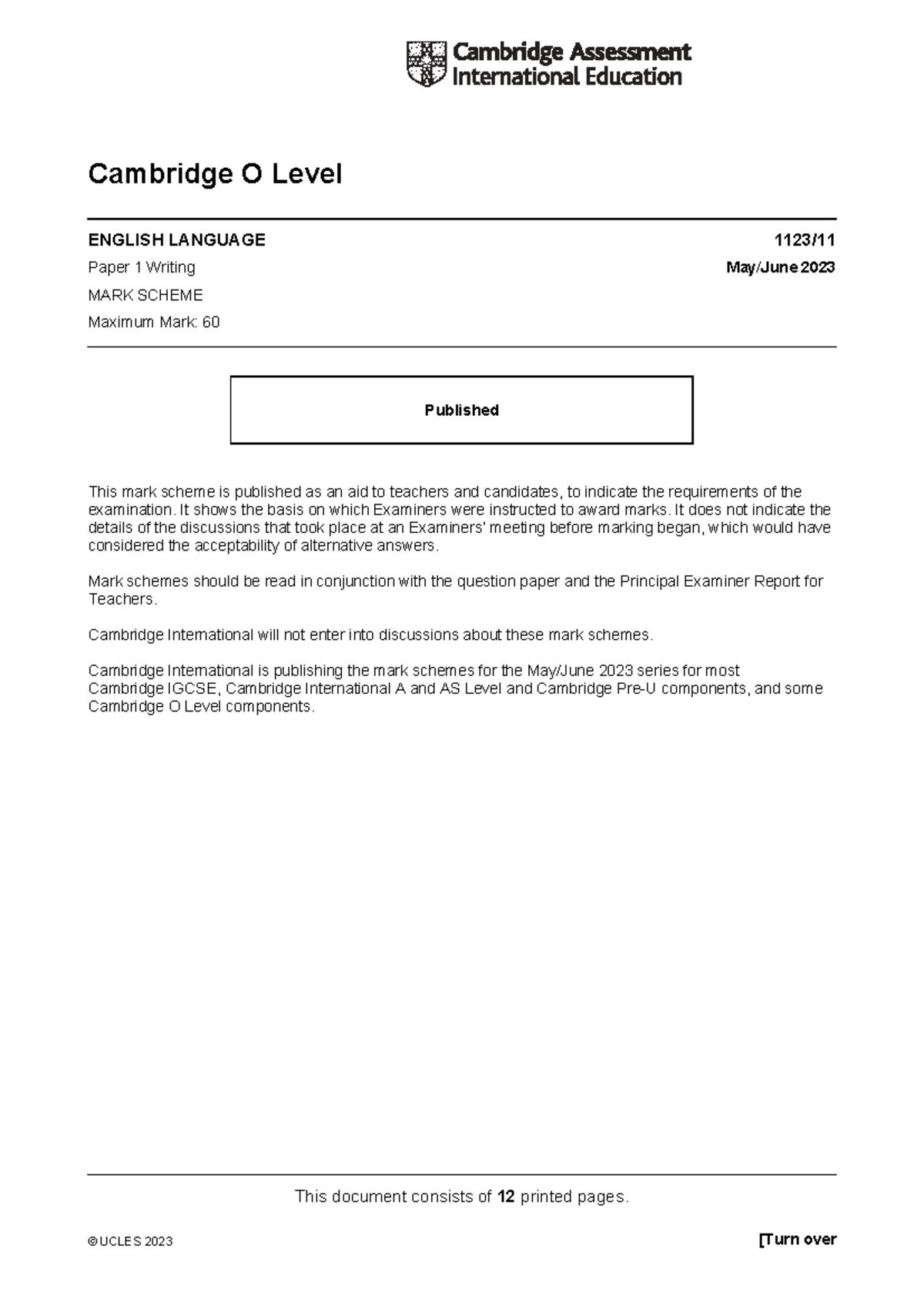 Cambridge O Level English Language Paper 1 Writing 2023 Mark Scheme ...