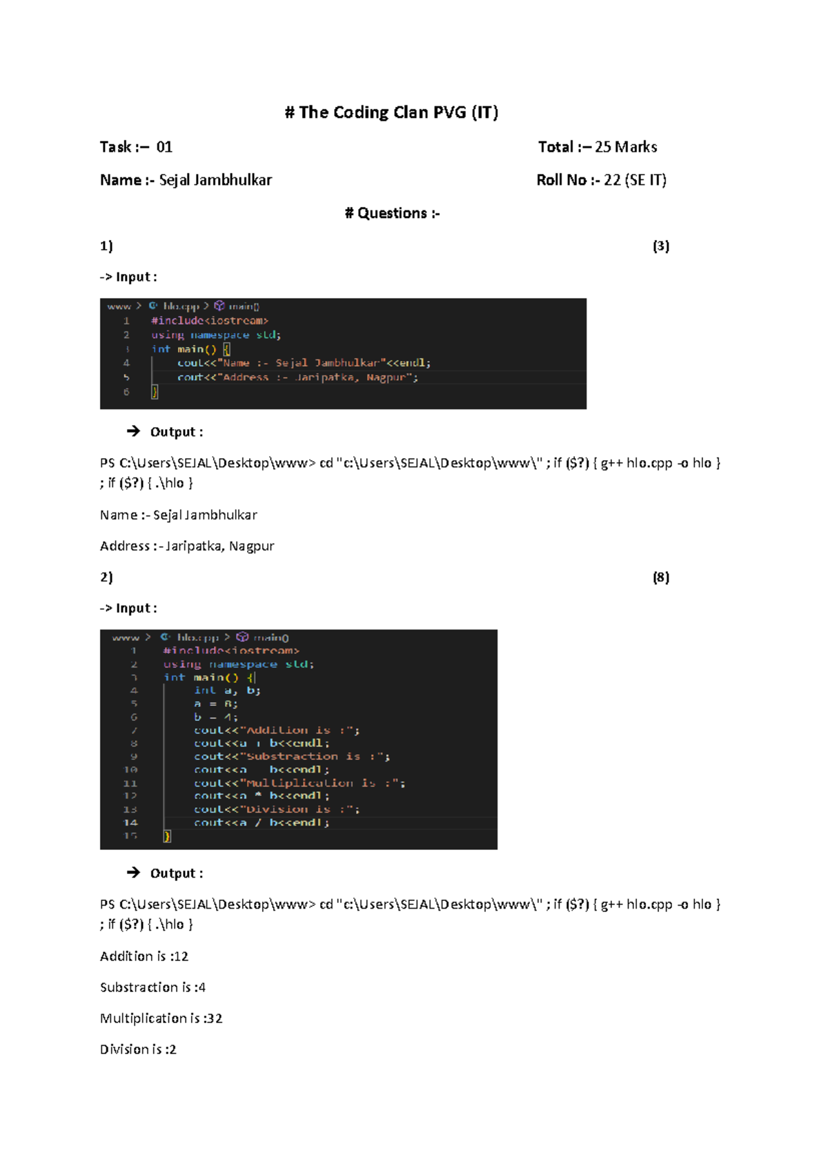 Task 1 - This is just basic practical examples. - # The Coding Clan PVG ...