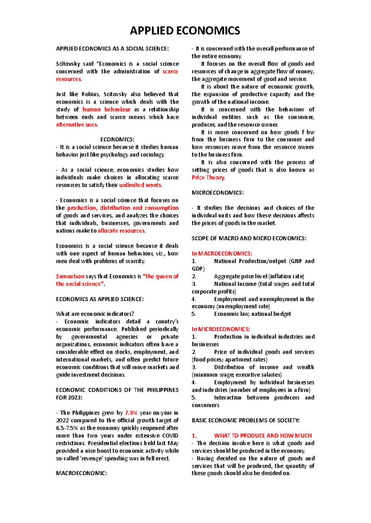 APPLIED ECONOMICS: Comprehensive Notes on Economic Principles and ...