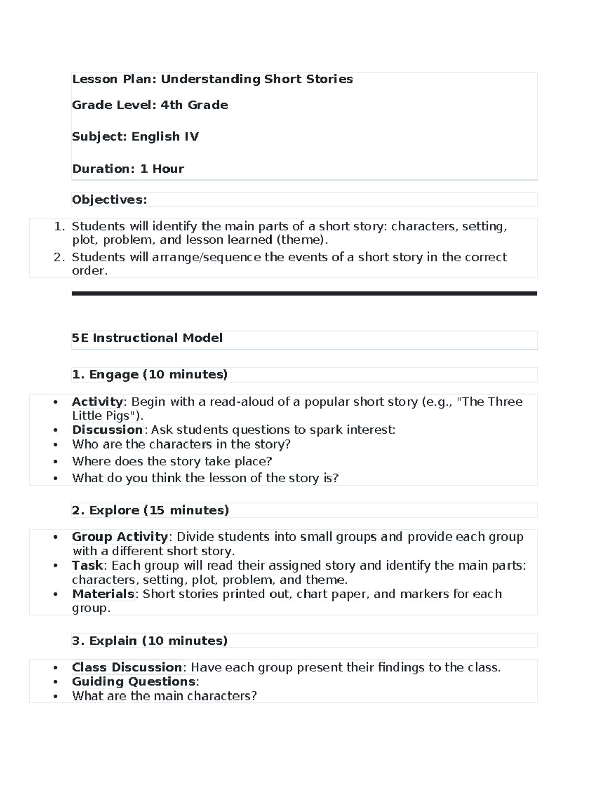 5E Lesson Plan: Exploring Short Stories (Grade 4, English IV) - Studocu