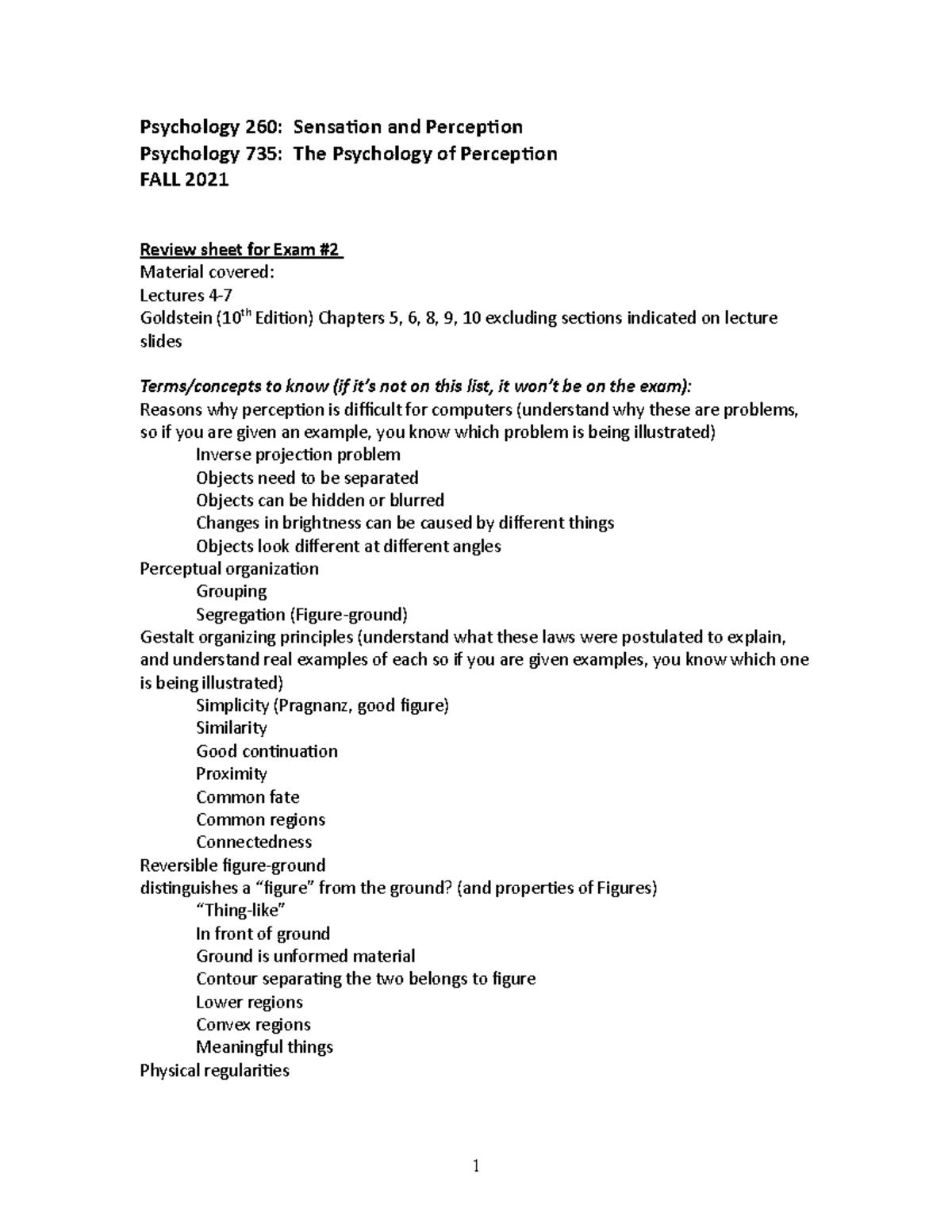 Psychology 260 & 735: Exam 2 Review Sheet for Sensation & Perception ...