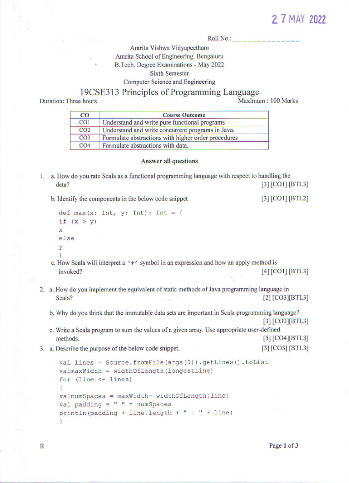 19CSE313 - Principles of Programming Language Exam Questions - Studocu