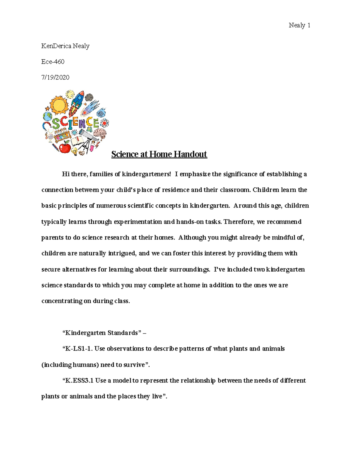 Science at Home Handout for Kindergarten Families - Studocu