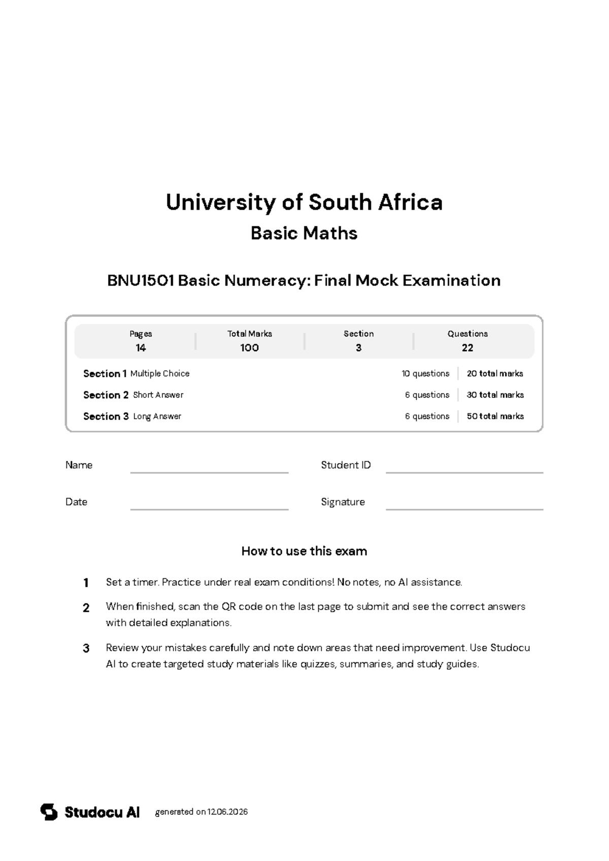 BNU1501 Basic Numeracy: Final Mock Exam - Studocu