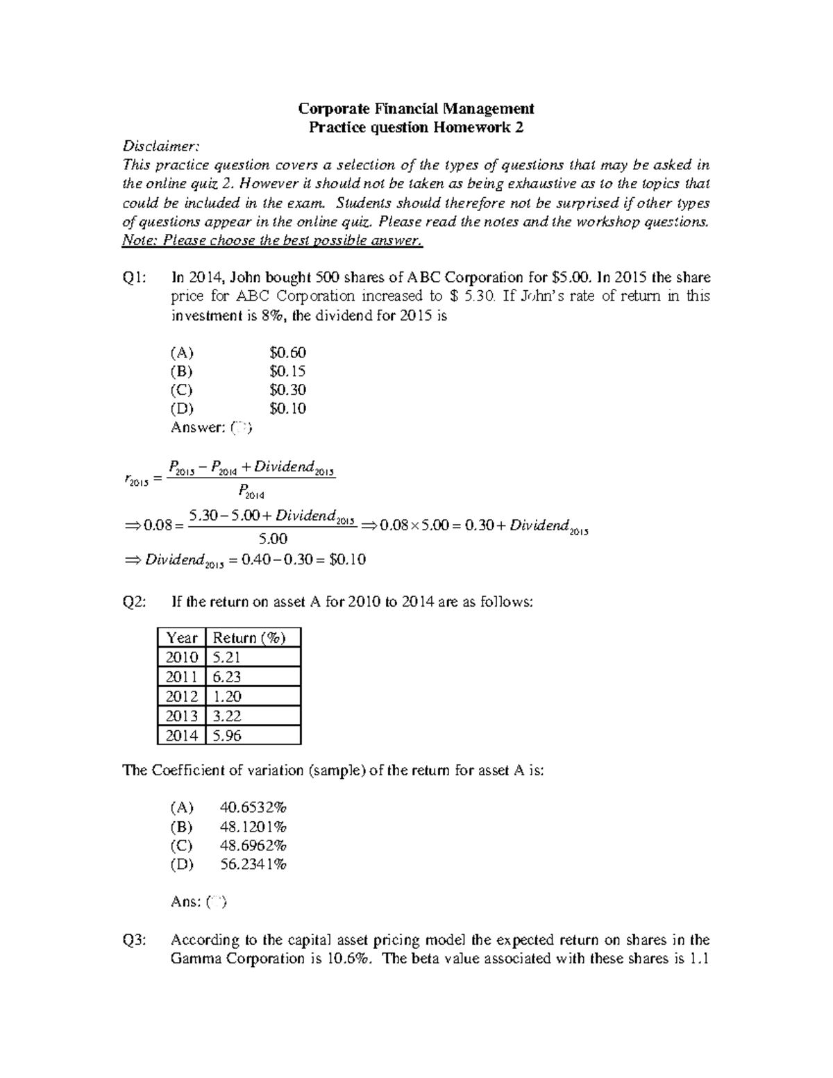 Corporate Financial Management Quiz 2 Practice Questions - Studocu