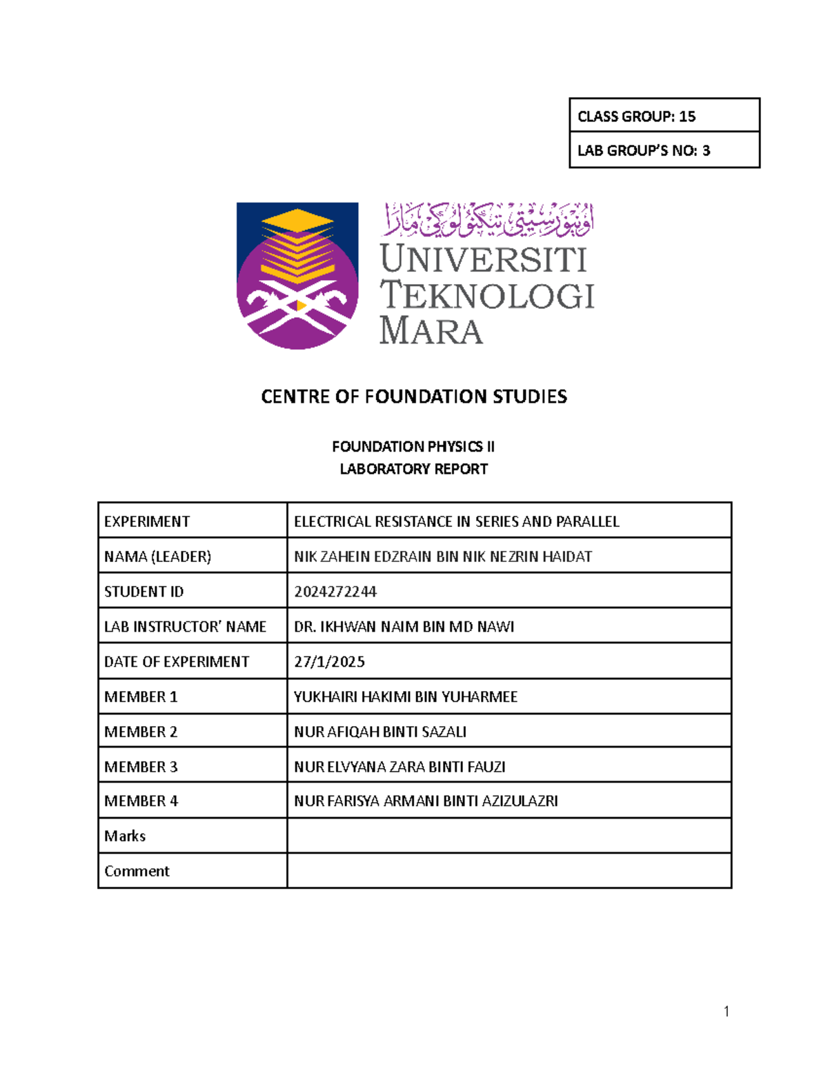 LAB Report Experiment 2 - CENTRE OF FOUNDATION STUDIES FOUNDATION ...