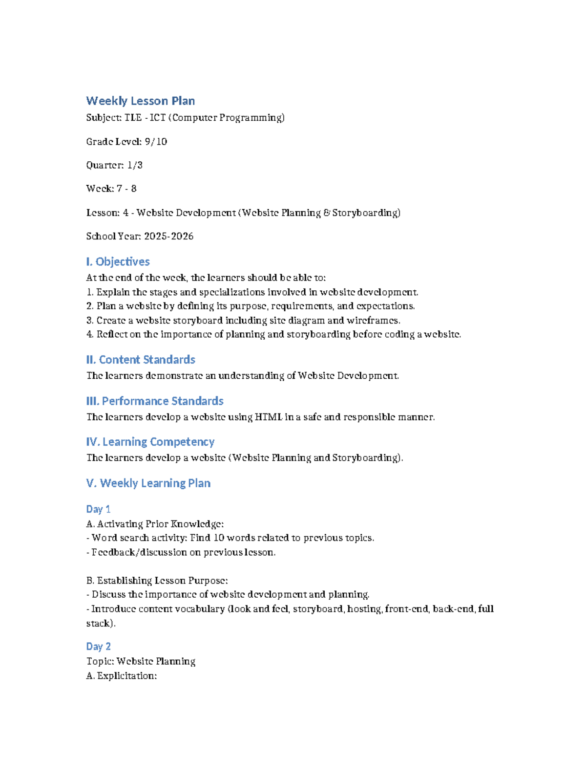 Weekly Lesson Plan: TLE ICT (Comp Prog) - Website Dev (Wk 7-8) - Studocu