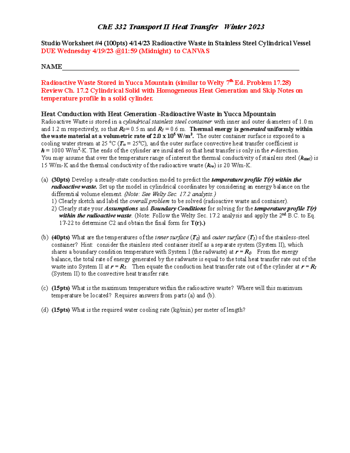Ch E332 Studio WS#4: Radioactive Waste Heat Transfer Analysis - Studocu
