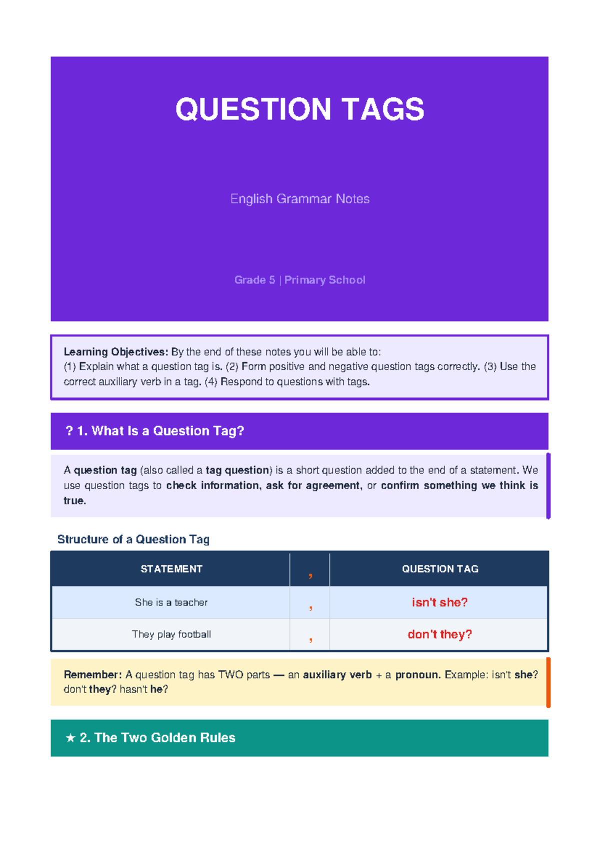 Question Tags Notes for Grade 5 English Grammar - Studocu