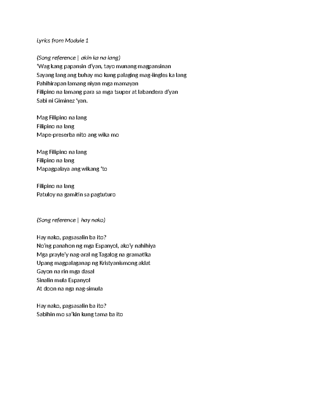 FILDIS 101: Lyrics and Analysis of Module 1 Jingle - Studocu