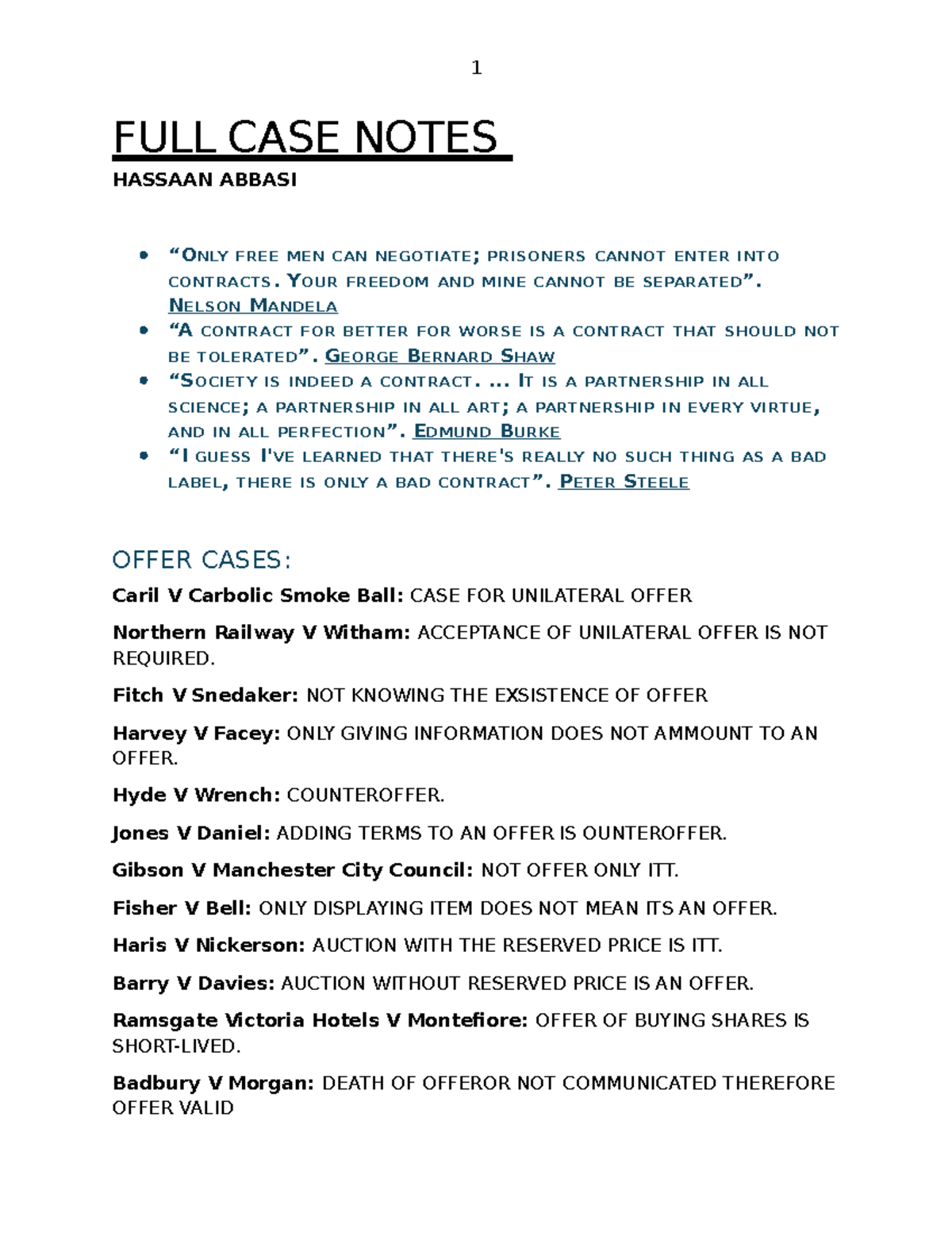 Case Notes - Summary of Key Concepts in Contract Law - Studocu