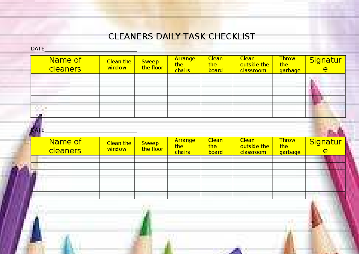 Cleaners Daily TASK Checklist - CLEANERS DAILY TASK CHECKLIST - Studocu