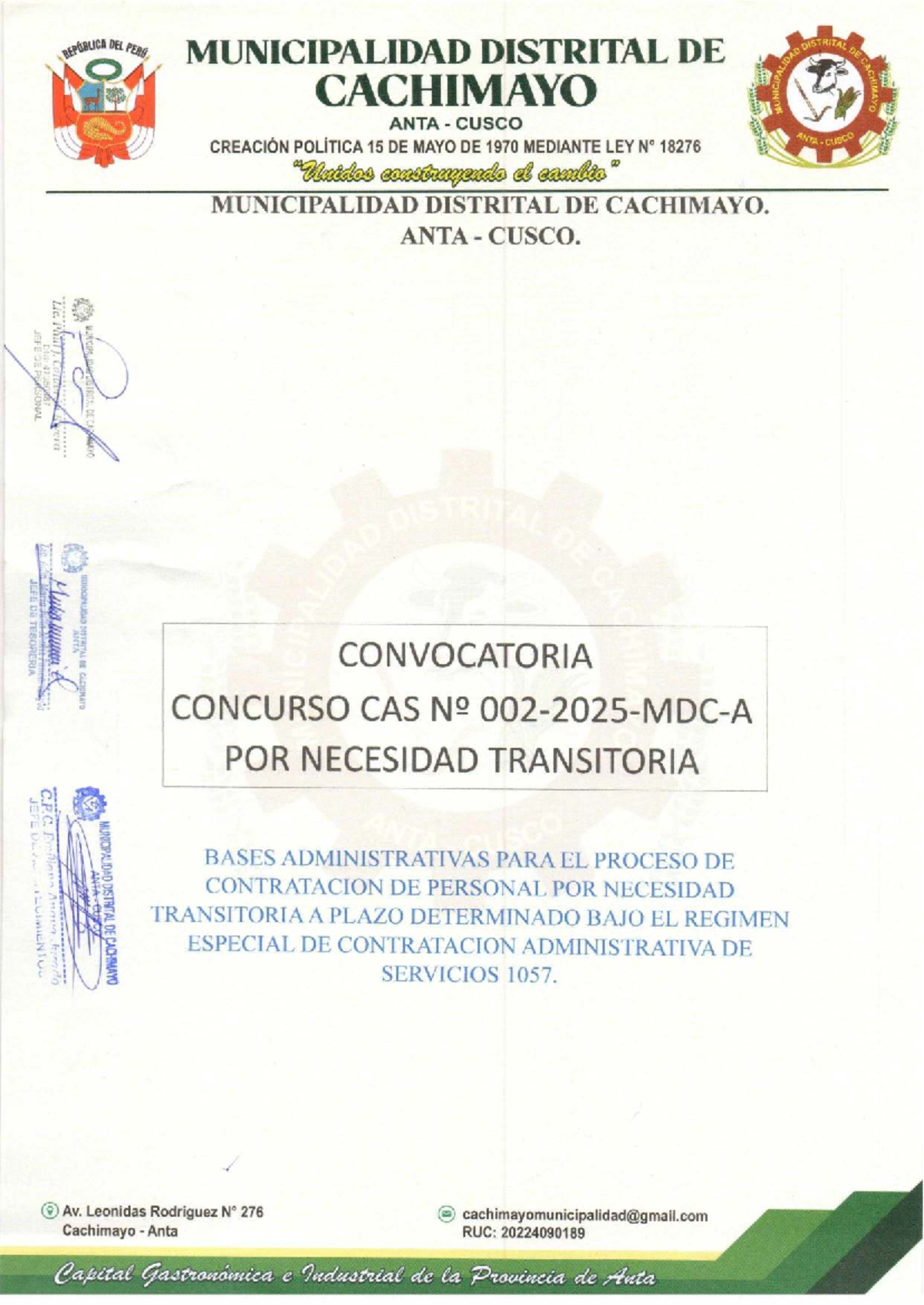 Bases del Proceso de Selección CAS 002-2025-MDC-A en Cachimayo - Studocu
