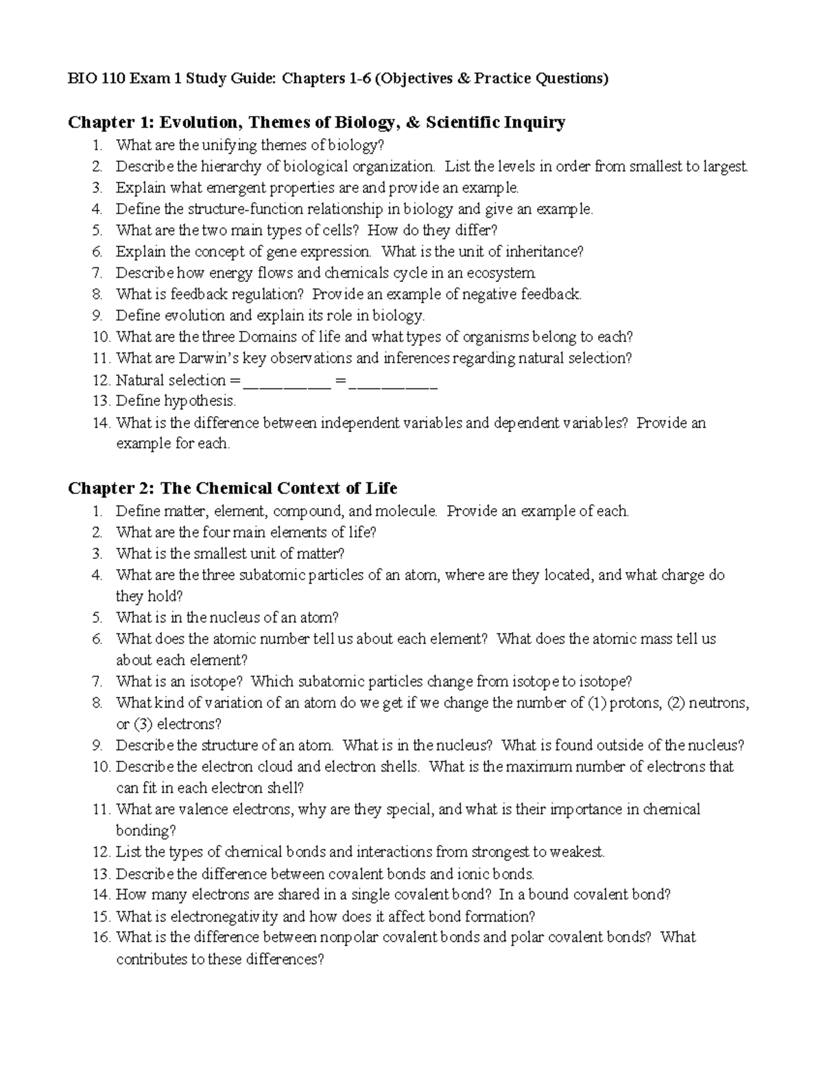 BIO 110 Exam 1 Study Guide: Key Concepts from Chapters 1-6 - Studocu