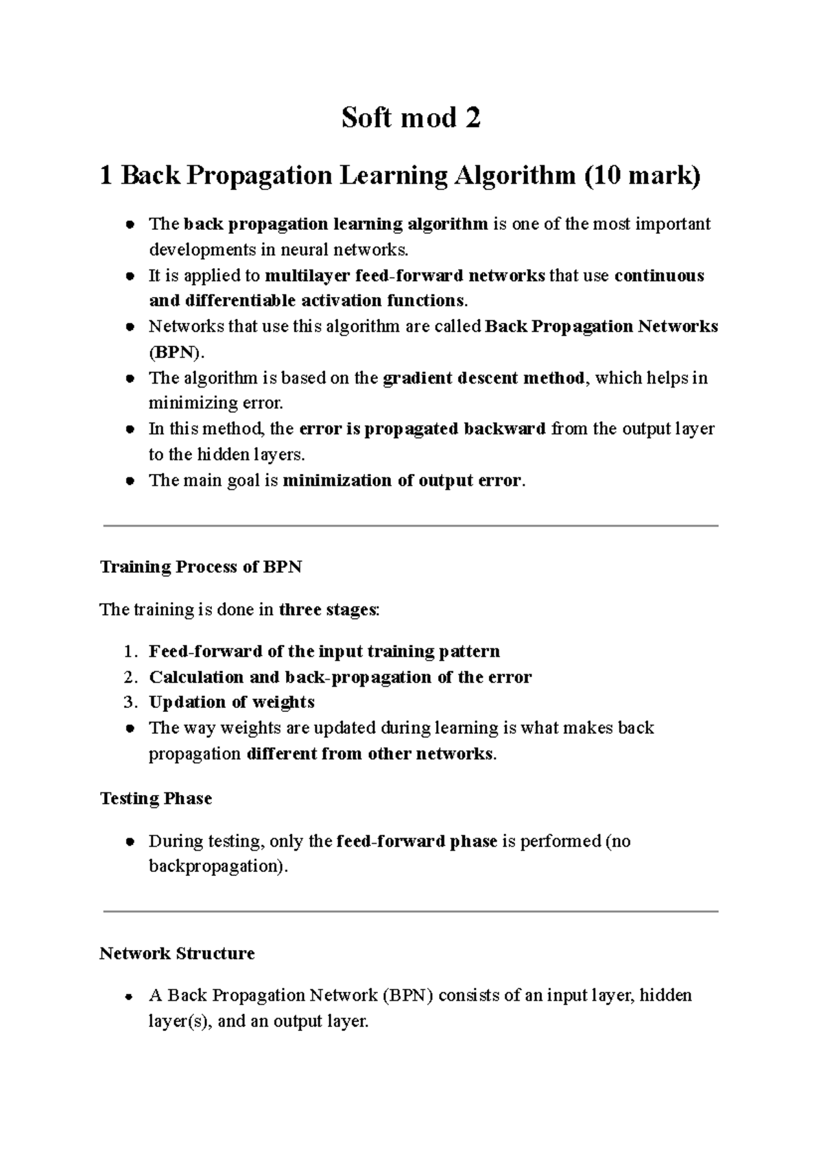 Soft Mod 2 - Back Propagation Learning Algorithm Overview (10 Marks ...