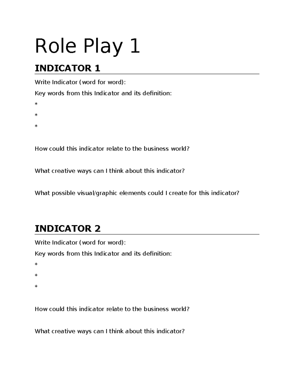 Role Play Assignment: Business Indicators Analysis and Creativity - Studocu