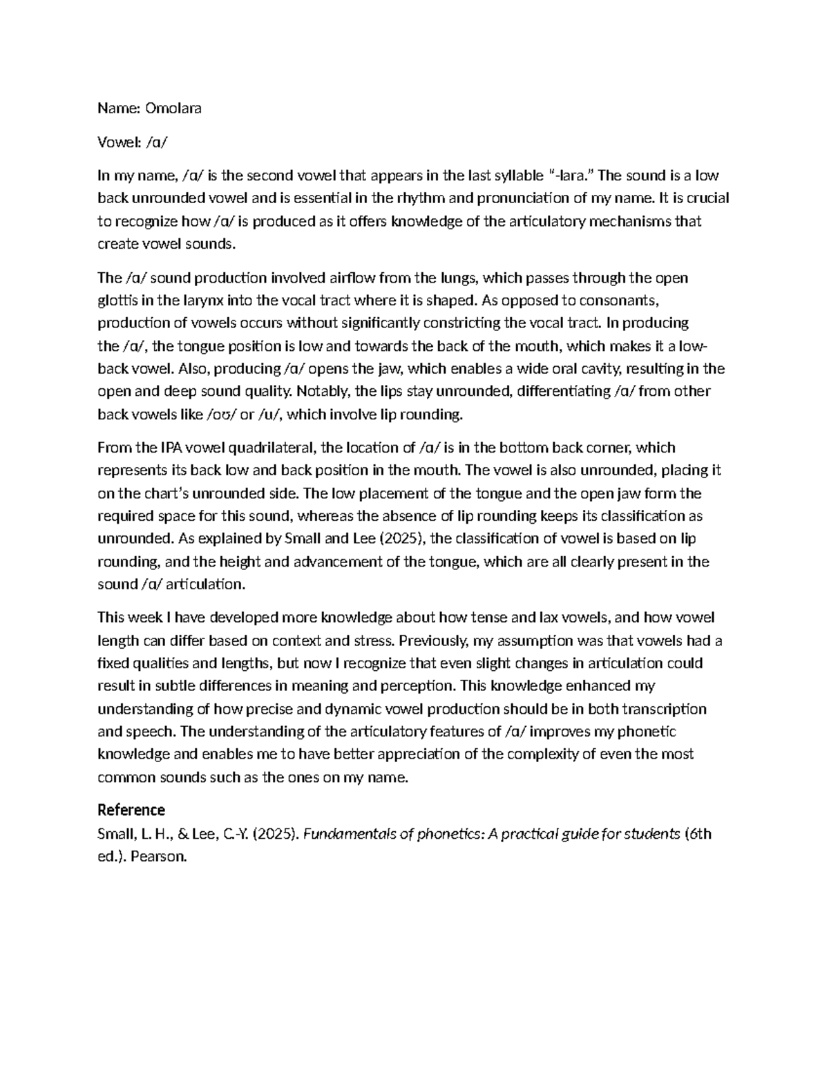 Phonetics Study: Understanding the Low Back Unrounded Vowel - Studocu