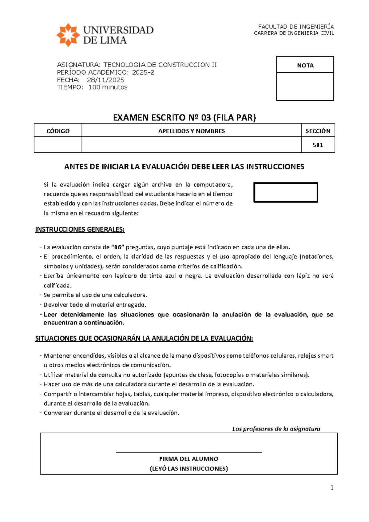 Examen Escrito Nº 03 (Fila Par) - Tecnología de Construcción II - 501 - Document Preview